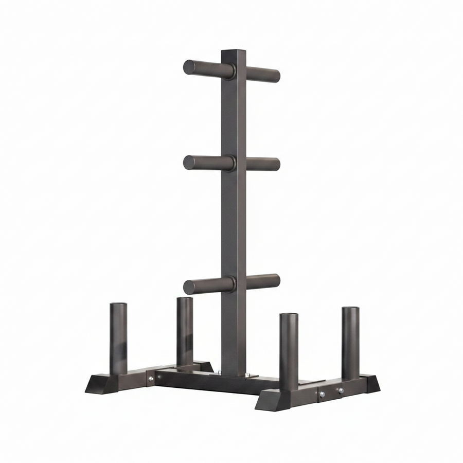 A black multifunctional weight plate and barbell rack with multiple slots for storing Olympic plates and a barbell.