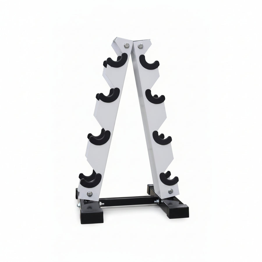 A 4-tier dumbbell rack with a black finish. Designed to hold multiple dumbbells, it has a compact and sturdy structure, suitable for organizing workout equipment.