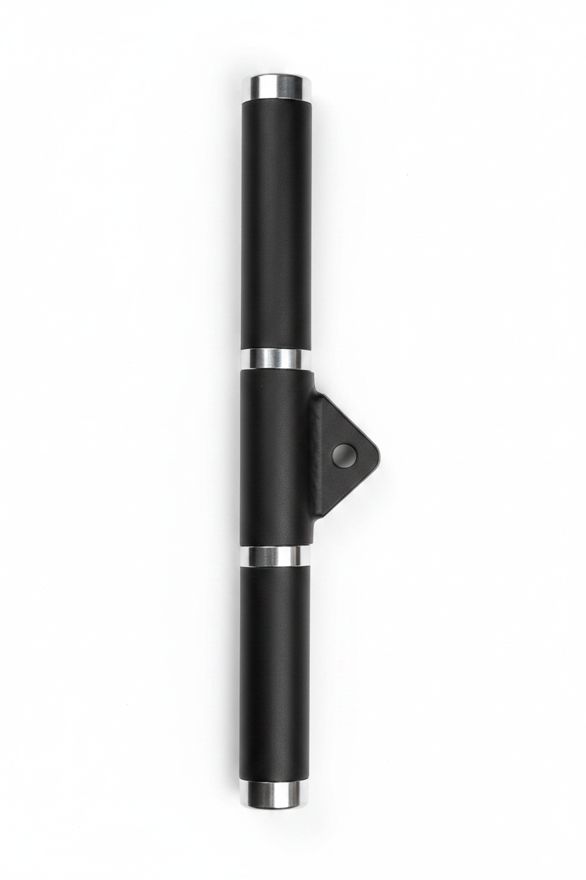 A black and silver lat pull down short bar for a gym machine.
