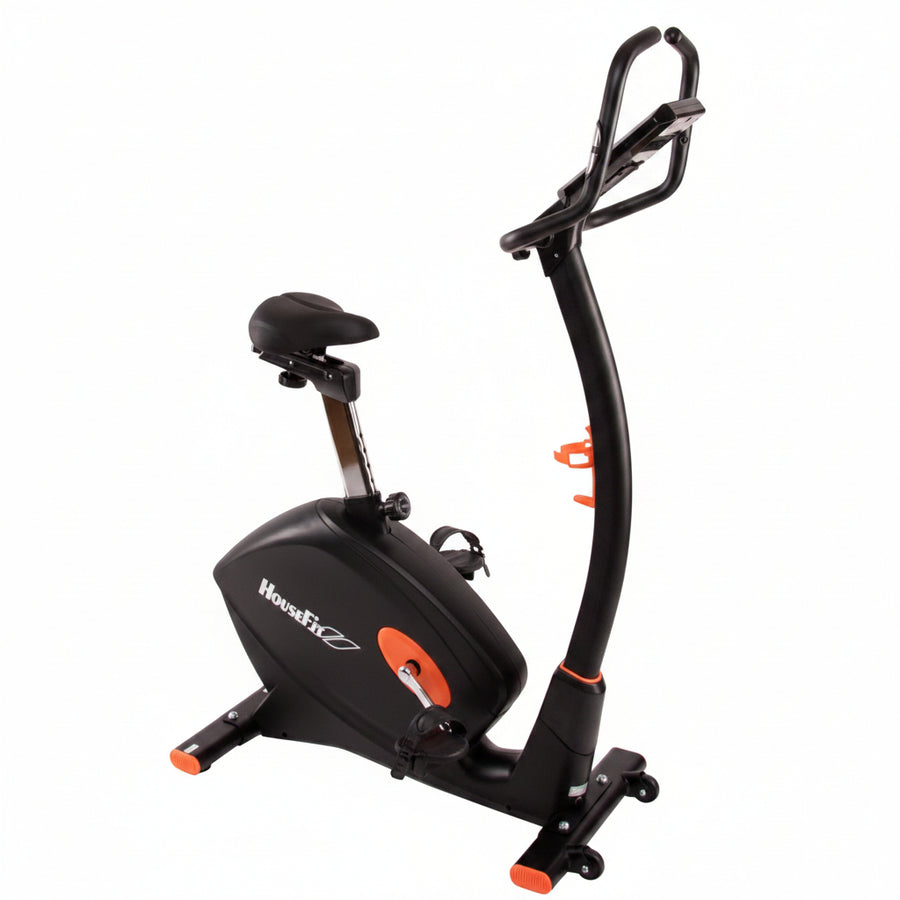 A black and orange Housefit programmable exercise bike with an electromagnetic loading system and a color LCD display.