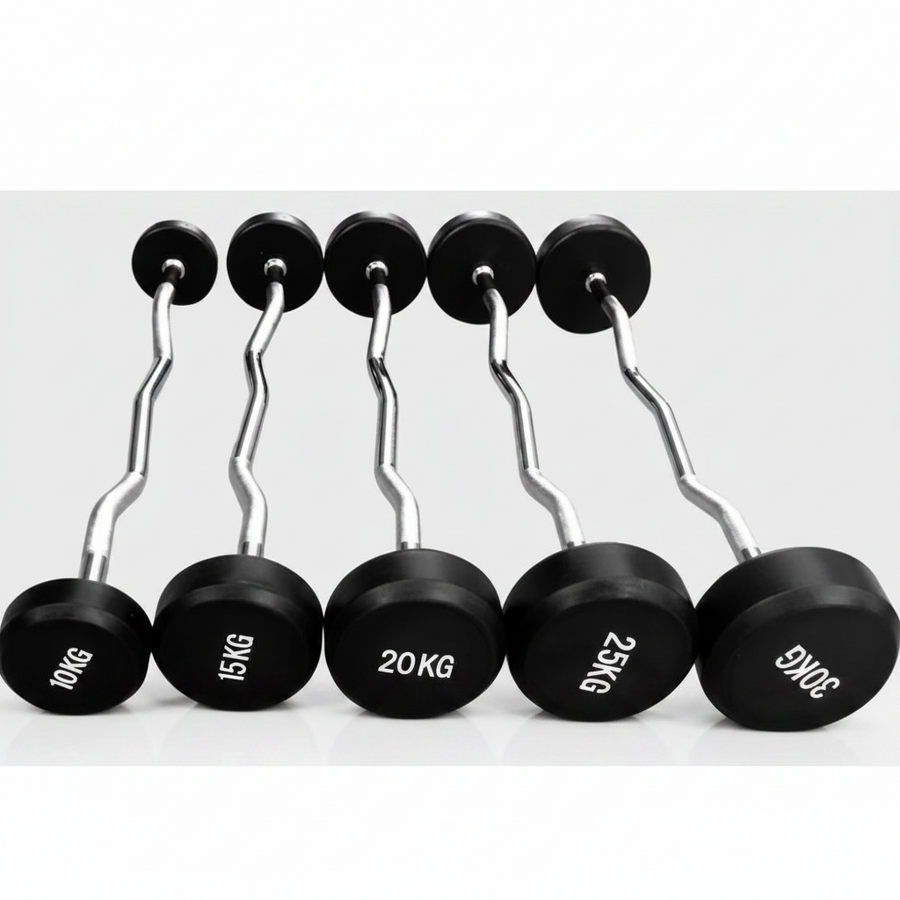 Set of dumbbells with weight markings on a white background