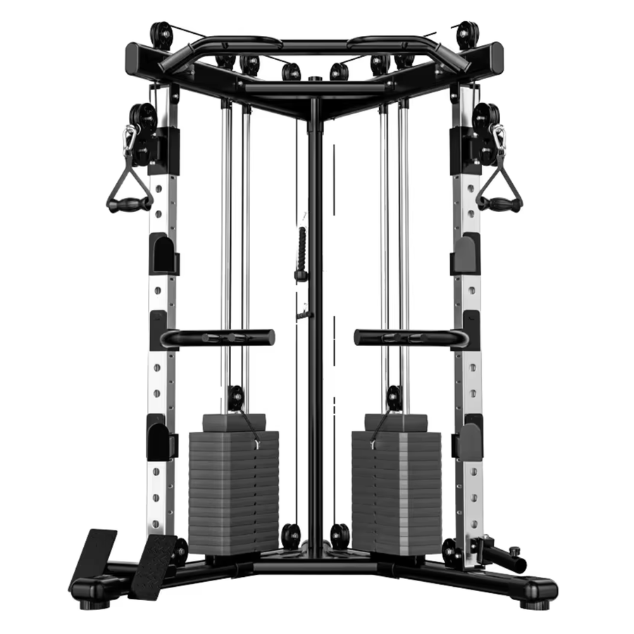 A black and silver multi-functional cable pulley gym machine with weight stacks, shown on a solid white background.