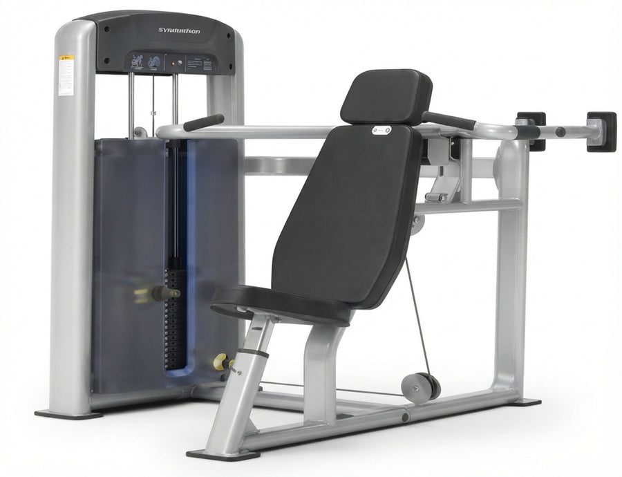 A cable pulley chest fly exercise machine with a silver metal frame and black padded seat, backrest, and handles, shown on a solid white background.