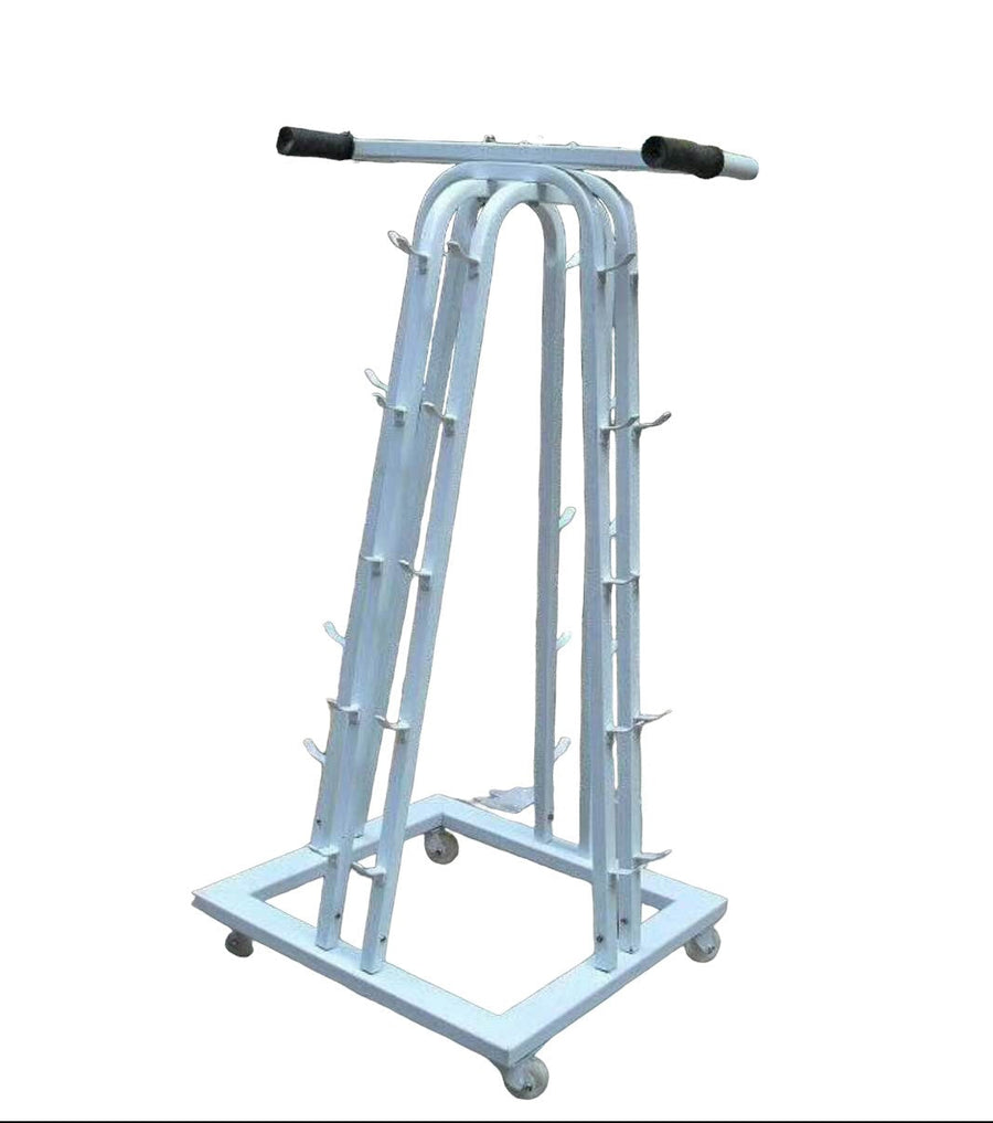 A blue metal dumbbell rack with 10 levels, featuring a sturdy construction with steel pipes and a padded support at the top for resting hands.
