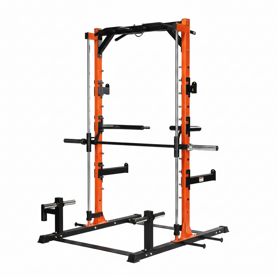A heavy-duty home gym power rack with a bright orange frame and black steel components, including a barbell setup, weight plates, and safety guides, isolated on a white background.