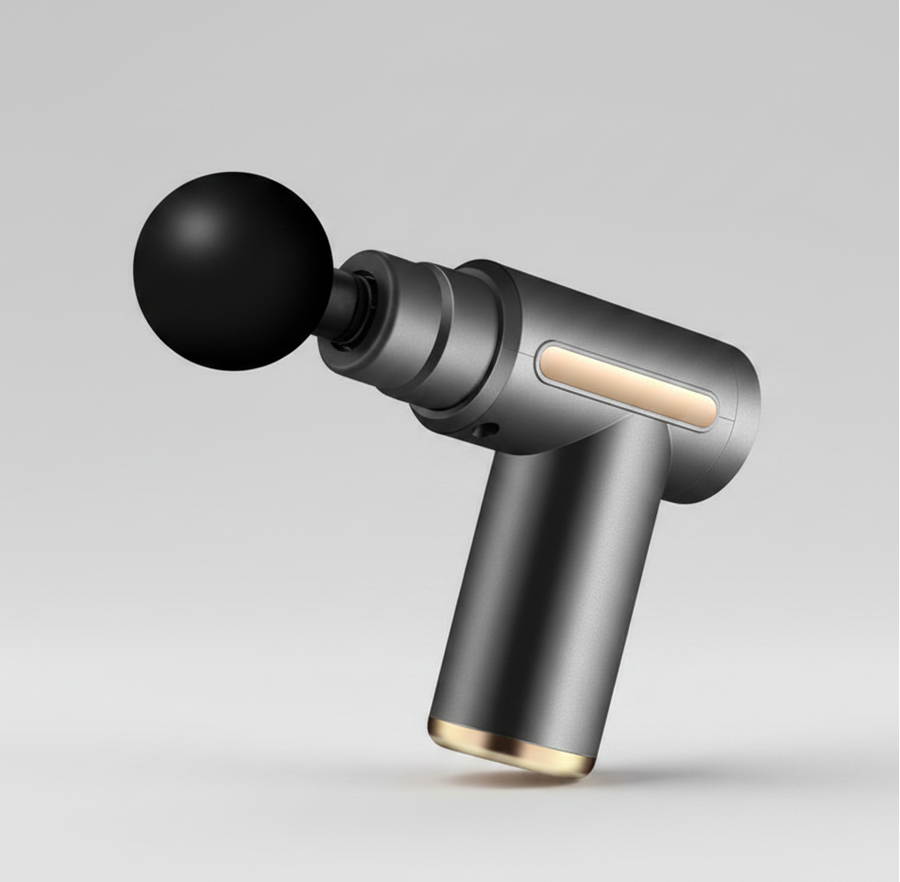 A compact and portable massage gun in grey color with a single massage head and an LCD display.