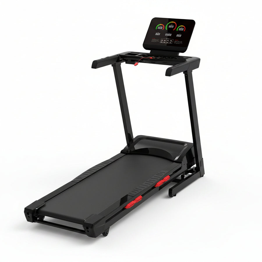 Black treadmill with a digital display on a white background