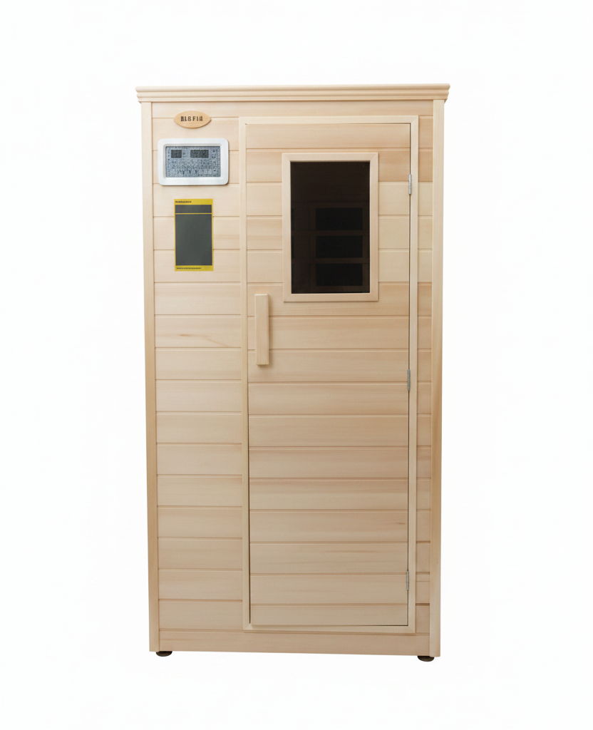 Wooden cabinet with a mirror on a white tiled floor