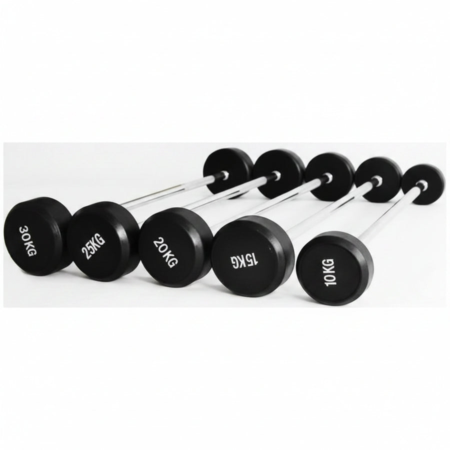 Set of dumbbells with weight markings on a light gray background