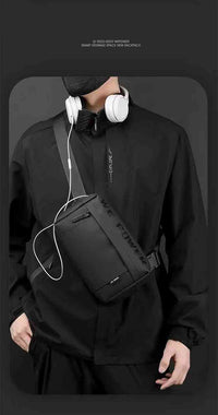 Man wearing WE POWER crossbody chest bag