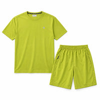 A lime green athletic t-shirt and matching shorts set laid flat on a brown cardboard background. The shirt has a small circular logo on the chest and a hangtag is attached near the collar.