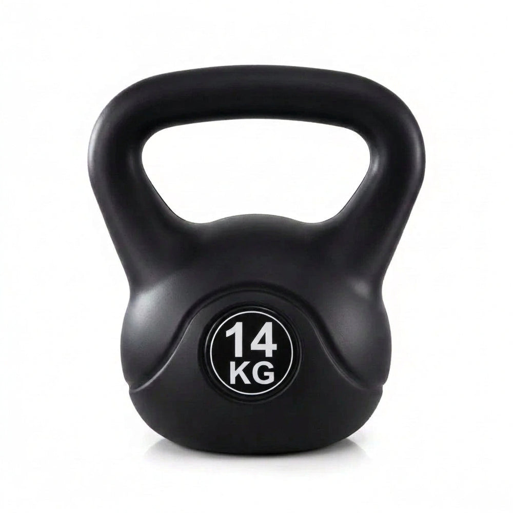 Black 14 kg kettlebell on a white background