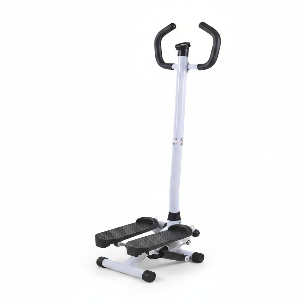 A step-and-ride exercise machine with a white frame and black handles, footrests, and wheel caps, shown on a plain white background.