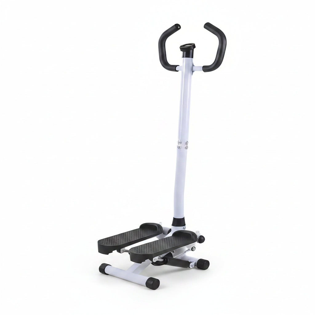 A step-and-ride exercise machine with a white frame and black handles, footrests, and wheel caps, shown on a plain white background.