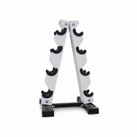 A 4-tier dumbbell rack with a black finish. Designed to hold multiple dumbbells, it has a compact and sturdy structure, suitable for organizing workout equipment.