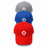 Three baseball caps displayed in a row with the brim facing forward. The caps are gray, blue, and red, each with a visible logo on the front.