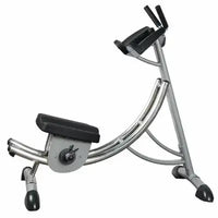A silver and black abdominal exercise machine with a curved metal frame, padded seat, and handlebar attachments, shown on a plain white background.