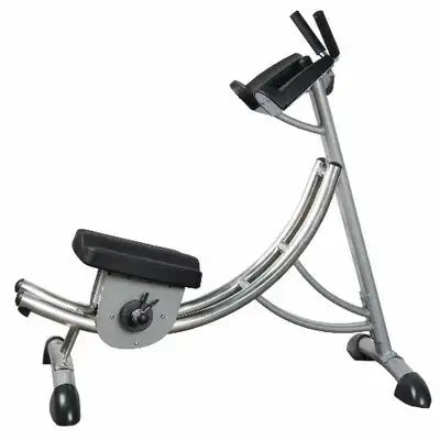 A silver and black abdominal exercise machine with a curved metal frame, padded seat, and handlebar attachments, shown on a plain white background.