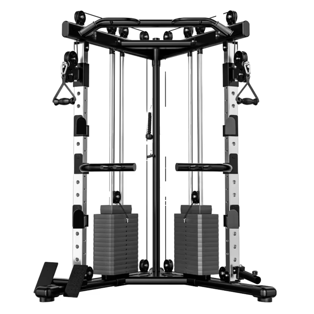 A black and silver multi-functional cable pulley gym machine with weight stacks, shown on a solid white background.