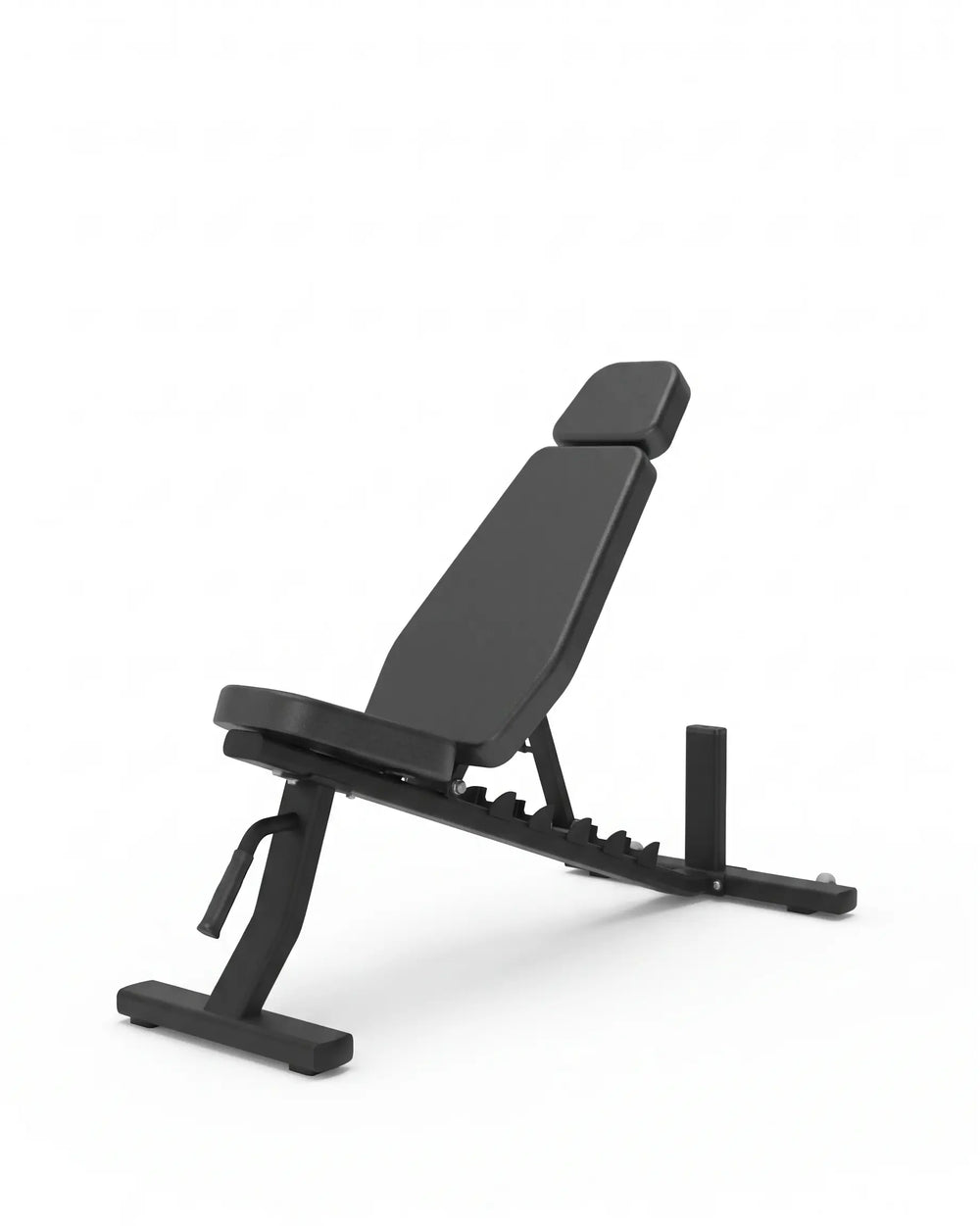 Black adjustable weight bench with padded backrest and seat, shown at an angle on a clean white background.