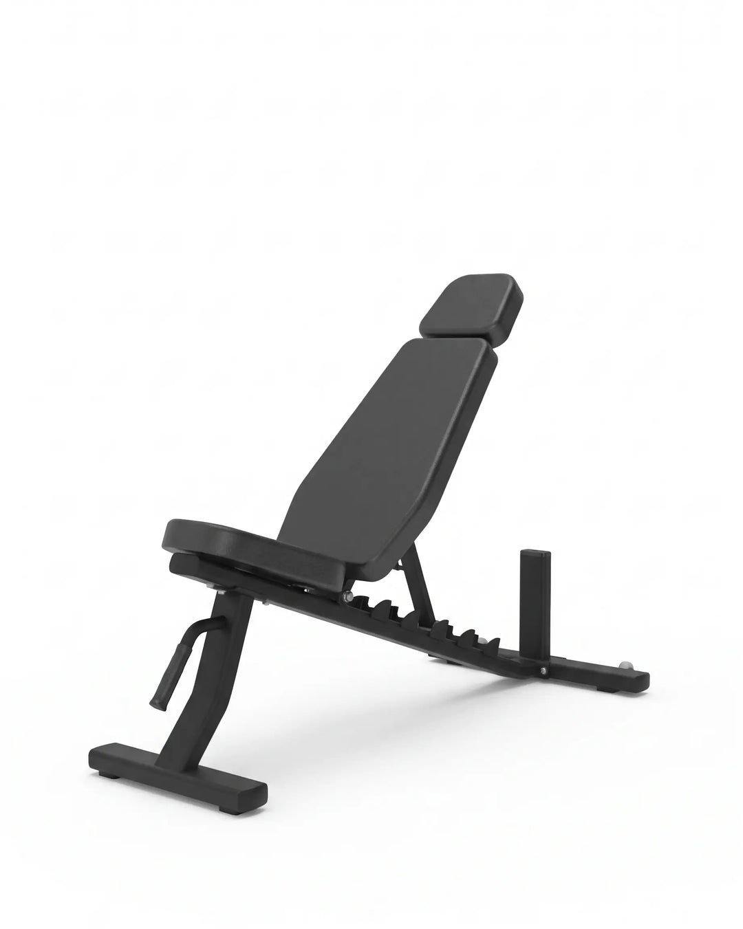 Black adjustable weight bench with padded backrest and seat, shown at an angle on a clean white background.