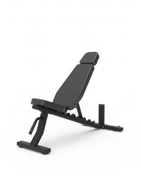 Black adjustable weight bench with padded backrest and seat, shown at an angle on a clean white background.