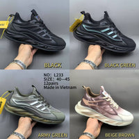 Four views of the same athletic sneaker shown in different colorways, each being held by a hand against a gray studio background. The shoes are labeled BLACK, BLACK GREEN, ARMY GREEN, and BEIGE BROWN.