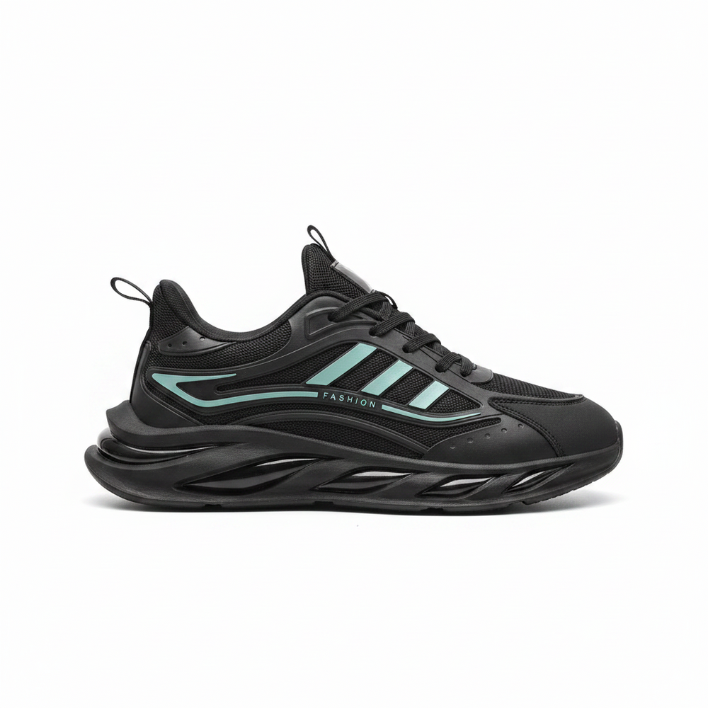 A black athletic sneaker with three mint green stripes on the side, featuring a chunky black sole and the word 'FASHION' printed on the side, shown against a plain white background.