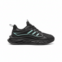 A black athletic sneaker with three mint green stripes on the side, featuring a chunky black sole and the word 'FASHION' printed on the side, shown against a plain white background.