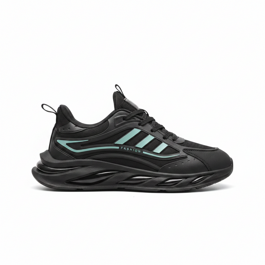 A black athletic sneaker with three mint green stripes on the side, featuring a chunky black sole and the word 'FASHION' printed on the side, shown against a plain white background.