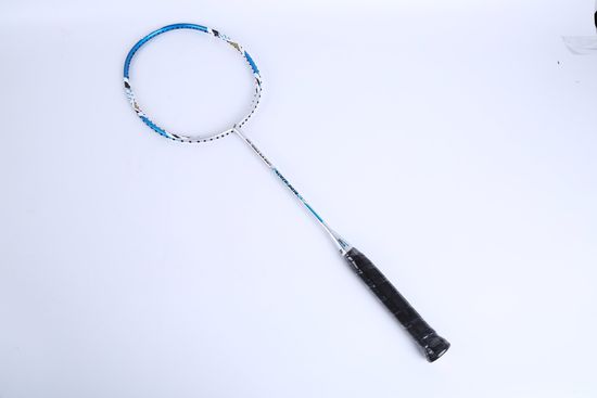 A badminton racket with a blue and white patterned throat, a silver shaft, and a black grip, shown on a plain white background.