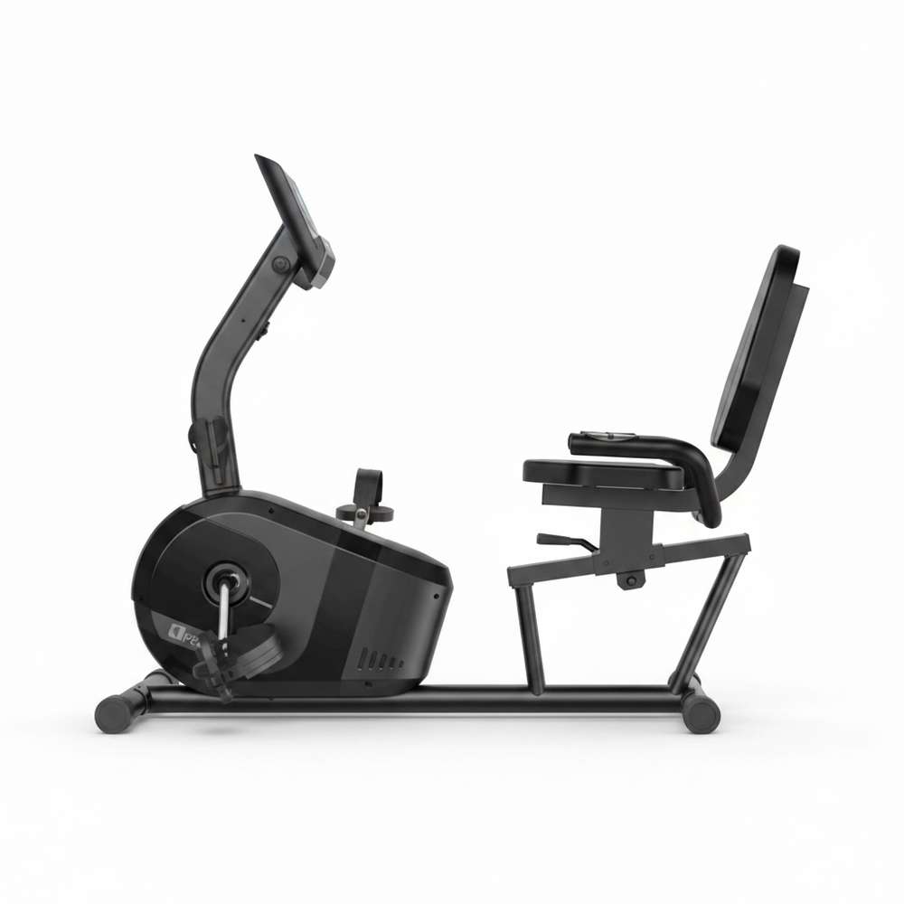 A black recumbent exercise bike with a digital display screen, shown from a side profile view against a white background with light speckling.