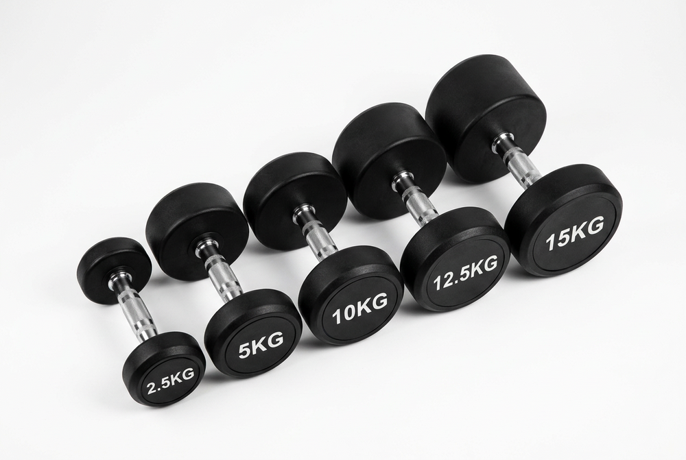 ROUND HEAD DUMBBELLS ON A WHITE BACKGROUND.