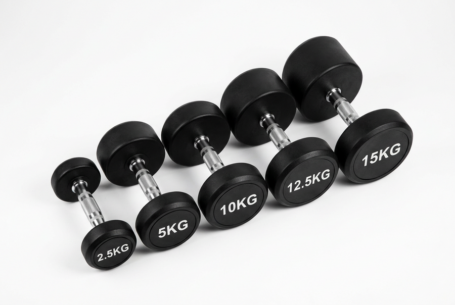 ROUND HEAD DUMBBELLS ON A WHITE BACKGROUND.