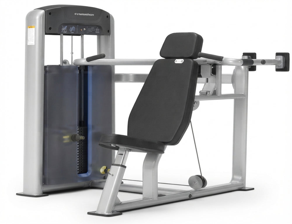A cable pulley chest fly exercise machine with a silver metal frame and black padded seat, backrest, and handles, shown on a solid white background.