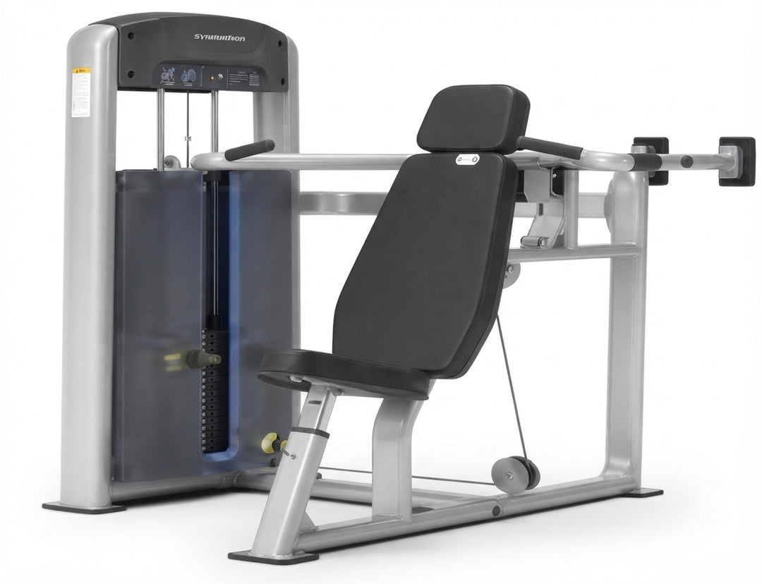 A cable pulley chest fly exercise machine with a silver metal frame and black padded seat, backrest, and handles, shown on a solid white background.