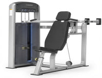 A cable pulley chest fly exercise machine with a silver metal frame and black padded seat, backrest, and handles, shown on a solid white background.