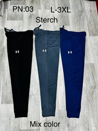 Three pairs of joggers in black, dark gray, and blue colors, displayed side by side with size options labeled as 'Sterch' and 'L-3XL'.
