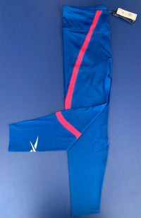 A pair of blue and pink Reebok women's leggings with the brand's logo on the lower right leg.