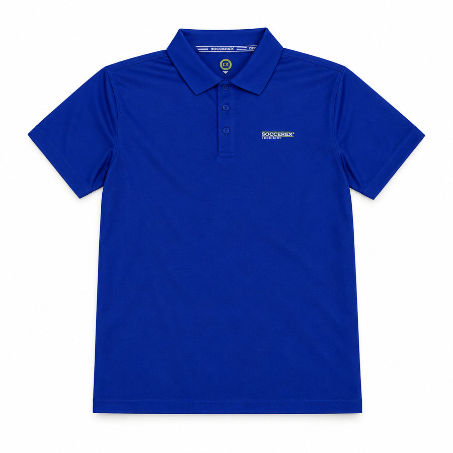 A royal blue short-sleeve polo shirt laid flat on a beige surface, with a hangtag still attached near the collar and a small white embroidered logo on the left chest.