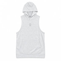 A white sleeveless pullover hoodie with a front kangaroo pocket, laid flat on a brown cardboard background. The brand name 'GILDAN' is visible on the hangtag attached to the hood.