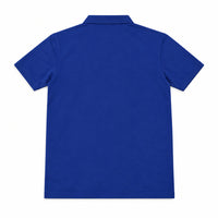 A royal blue short-sleeve polo shirt laid flat on a tan cardboard background, with a retail tag still attached to the collar.