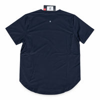 A dark navy blue short-sleeve athletic t-shirt laid flat on a brown kraft paper background, with a hangtag still attached at the collar.