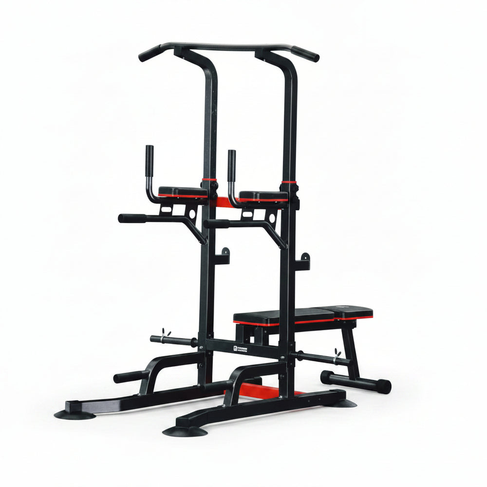 A multi-functional home gym trap bar with a pull-up bar, dual pull-up handles, a weight bench, and a barbell rack, in black with red accents, photographed against a light gray background.