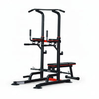 A multi-functional home gym trap bar with a pull-up bar, dual pull-up handles, a weight bench, and a barbell rack, in black with red accents, photographed against a light gray background.