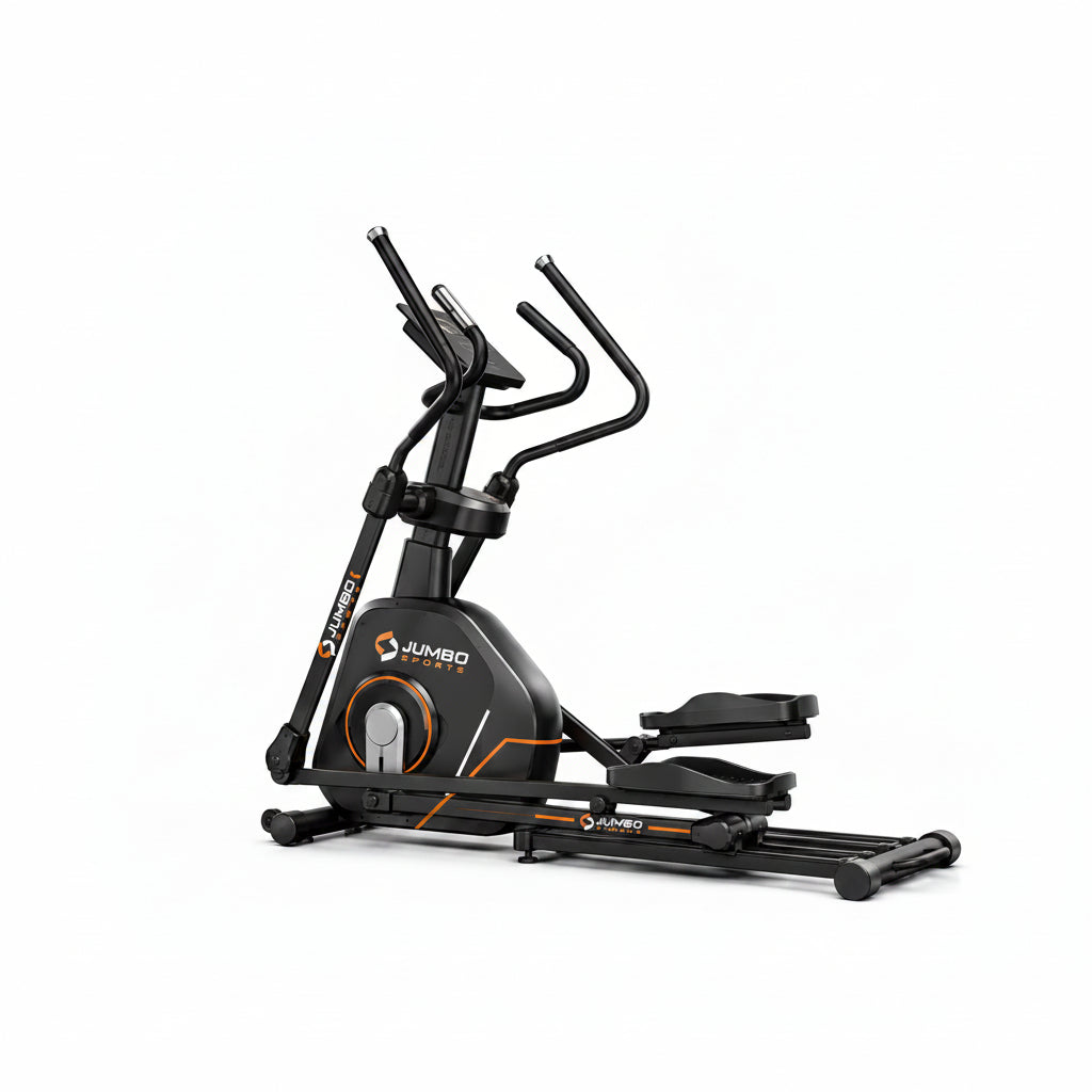Jumbo Sports elliptical trainer in black and dark gray with orange accents, shown on a white background with feature callouts and branding.