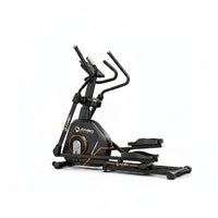 Jumbo Sports elliptical trainer in black and dark gray with orange accents, shown on a white background with feature callouts and branding.