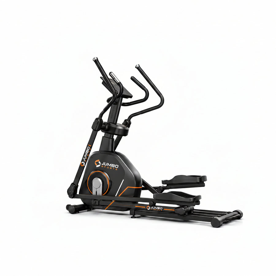 Jumbo Sports elliptical trainer in black and dark gray with orange accents, shown on a white background with feature callouts and branding.