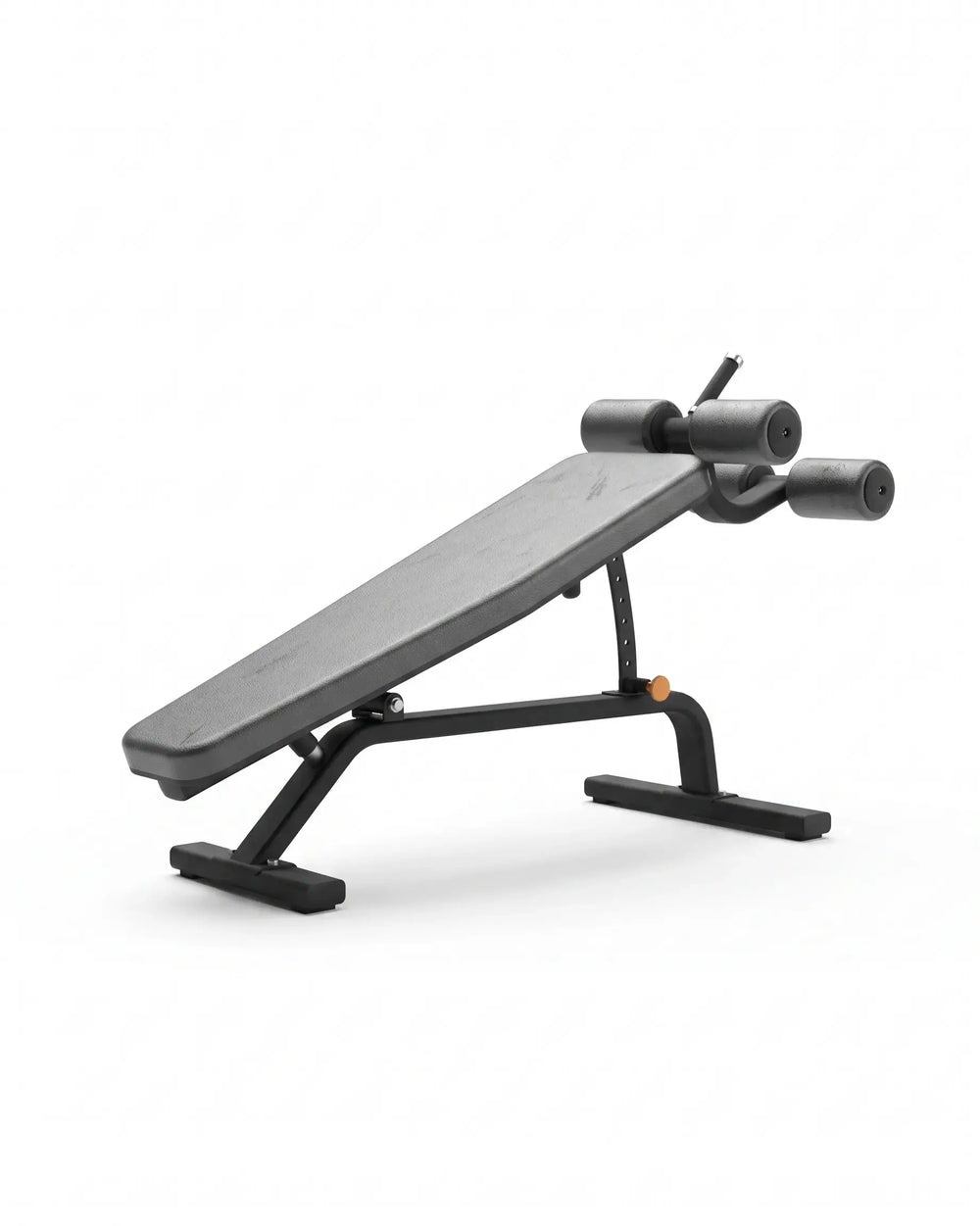 A black adjustable weight bench with a padded inclined backrest and dual roller arms, shown on a clean white background.