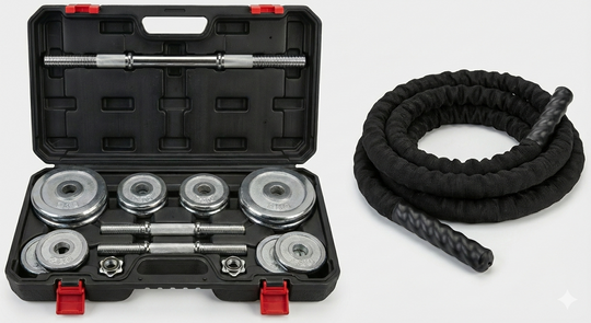Strength Duo Bundle - 15kg Battle rope, 30kg adjustable barbell set